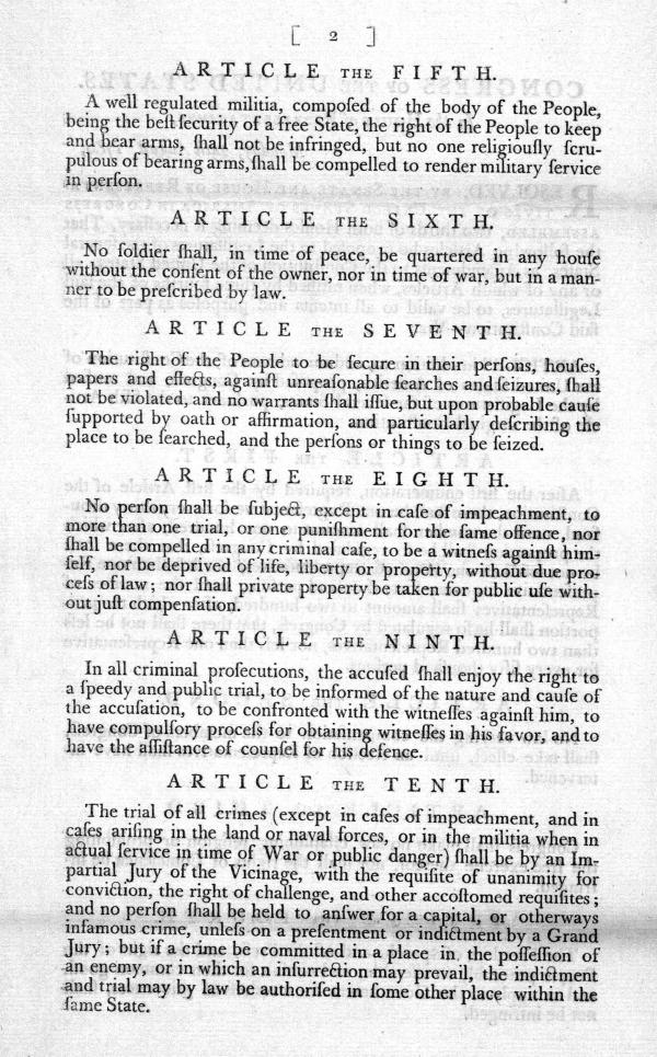 Printed copy of article 5-10 of the seventeen proposed amendments to the Constitution passed by the House of Representatives on August 24, 1789.
